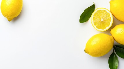 Fresh lemons arranged with a halved lemon and green leaves on a white background, ideal for culinary, health, or beverage-themed projects, emphasizing freshness and natural flavors,
