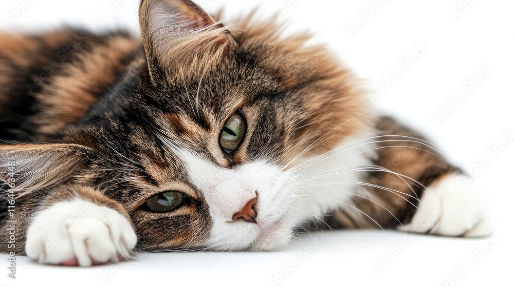 Poster adorable close up of a brown and white calico cat resting on a white background showcasing its uniqu