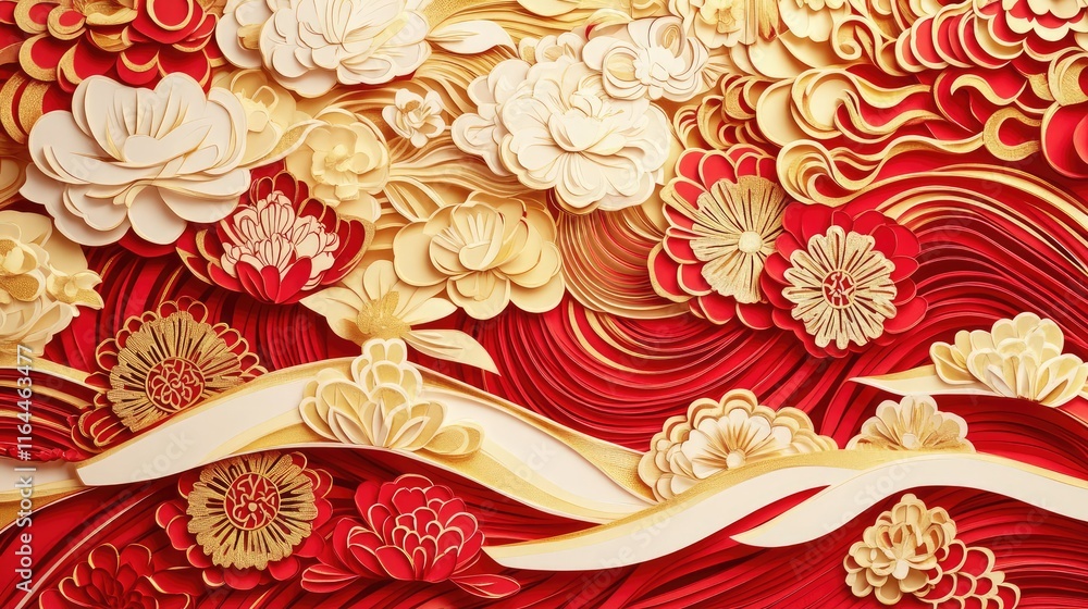 Aufkleber intricate paper-cutting abstract new year art with layered red and gold patterns symbolizing prosper