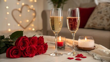 Glasses of champagne with roses for romantic atmosphere. Valentine day romantic background.