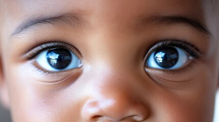 Naklejka premium Close up portrait of a young African American boy highlighting his expressive eyes and innocent charm against a soft background