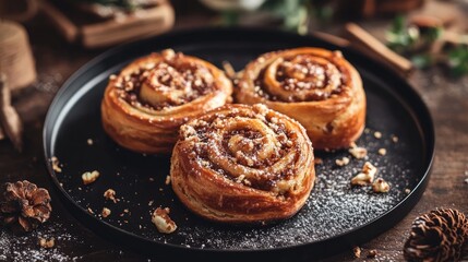 delicious freshly baked cinnamon rolls served on a black plate with decorative elements in a rustic setting