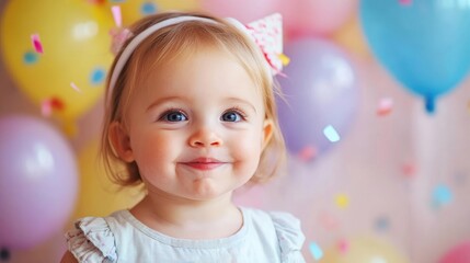 Fototapeta premium Joyful Toddler Smiling Amidst Colorful Balloons and Confetti at a Vibrant Birthday Celebration