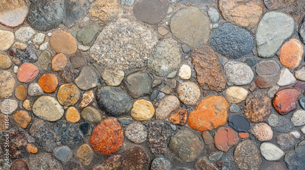 Poster textured background of smooth coastal gravel pebbles in various colors and sizes creating a natural 