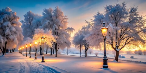 Frosty winter landscape with snow-covered trees and defocused streetlights at dusk, winter evening
