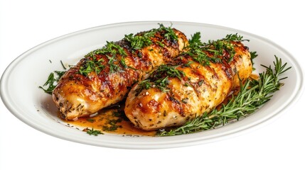 Baked chicken breast with herbs garnished on a white plate isolated on a clean background showcasing a delicious meal presentation