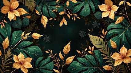 Luxurious Golden & Emerald Green Tropical Leaves and Flowers Pattern on Black Velvet Background - AI-Generated Botanical Illustration