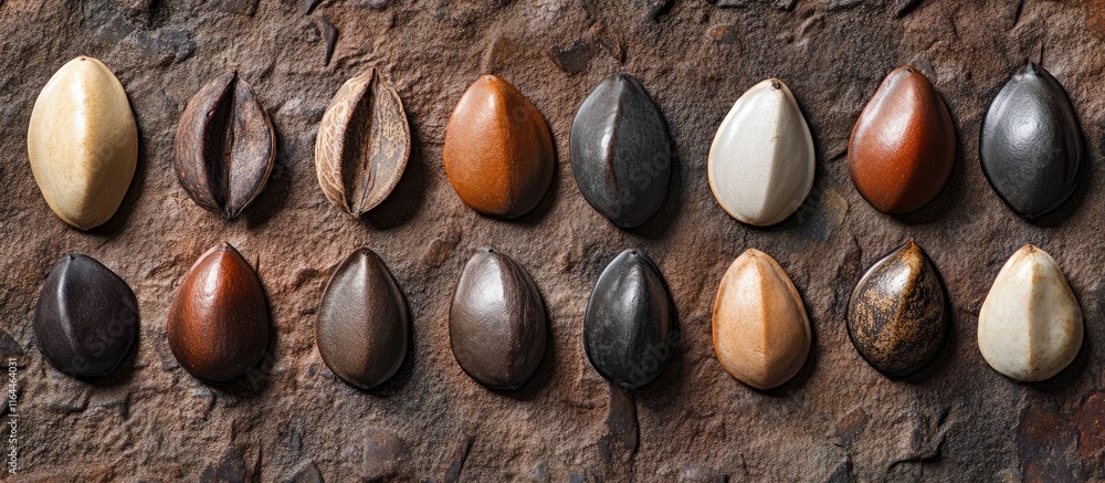Poster textured collection of assorted decorative stones in various shapes and colors arranged on a rustic 