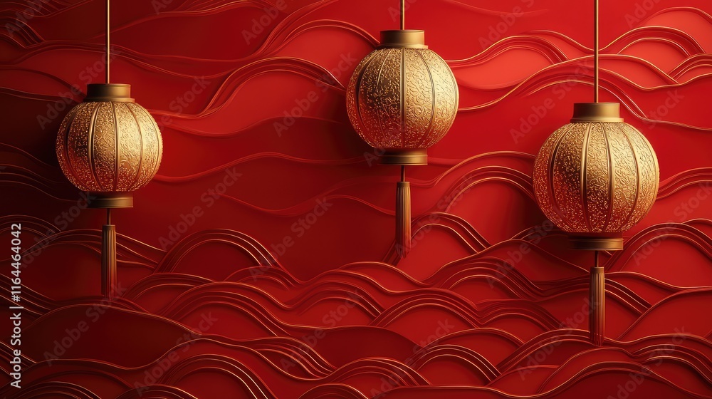 Aufkleber lanterns with intricate gold embossing floating against a vibrant red wave-patterned background.