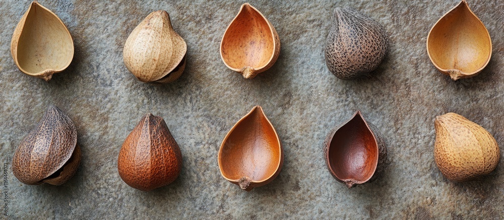 Aufkleber close up of various textured seed pods arranged on a rustic surface showcasing natural elements and 