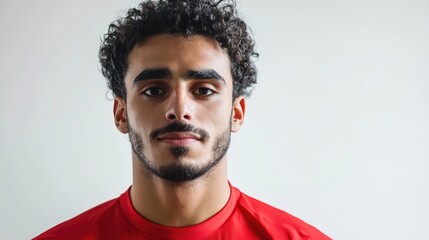Fototapeta premium Confident Arab soccer player portrait against a neutral background showcasing determination and athletic spirit in sports attire.