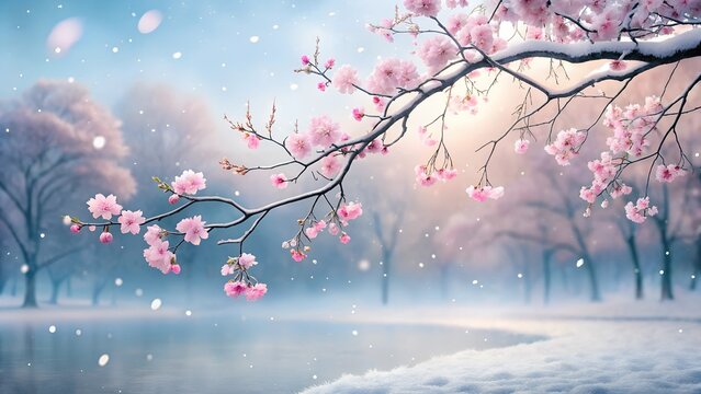 cherry blossom in the spring, oft pink sakura petals gently floating down in a gentle breeze amidst a serene winter landscape