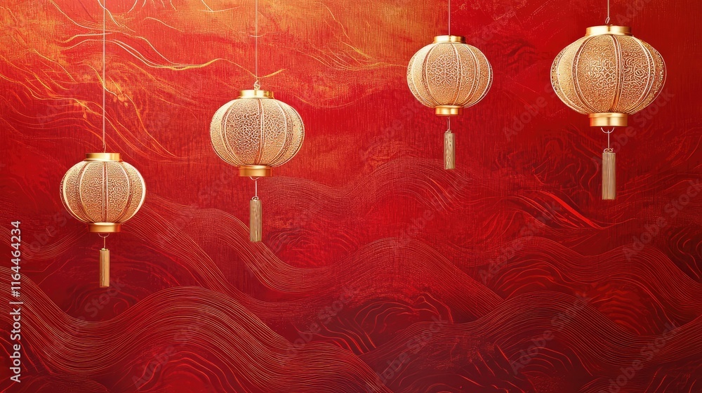 Aufkleber lanterns with intricate gold embossing floating against a vibrant red wave-patterned background.