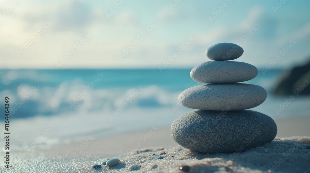 Poster zen stone stack on serene beach with ocean waves creating a calming atmosphere ideal for spa or ther