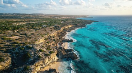 Fototapeta premium Aerial view of picturesque coastline with turquoise waters and rugged cliffs under a dramatic sky at sunset