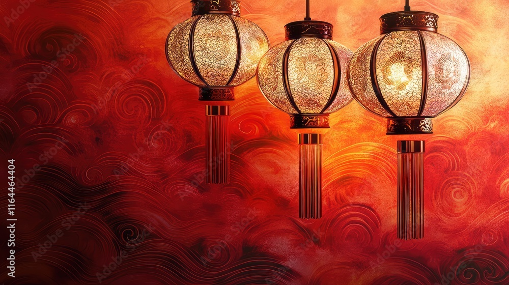 Aufkleber lanterns with intricate gold embossing floating against a vibrant red wave-patterned background.