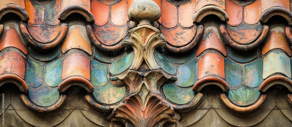 Aufkleber intricate patterns and colors on a textured tiled roof highlighting detailed architectural design an
