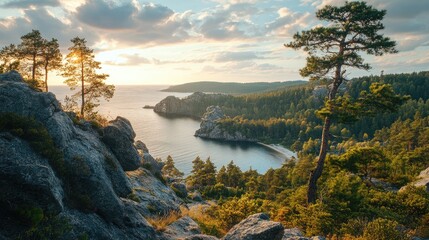 Summer coastline landscape with rocky cliffs and lush coniferous forests in a northern peninsula during sunset. Natural scenic beauty.