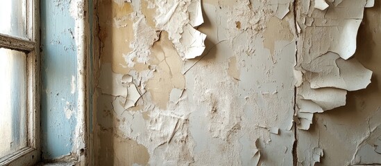 Peeling paint on an aged wall revealing texture and colors in a vintage or abandoned setting ideal for artistic backgrounds and creative projects