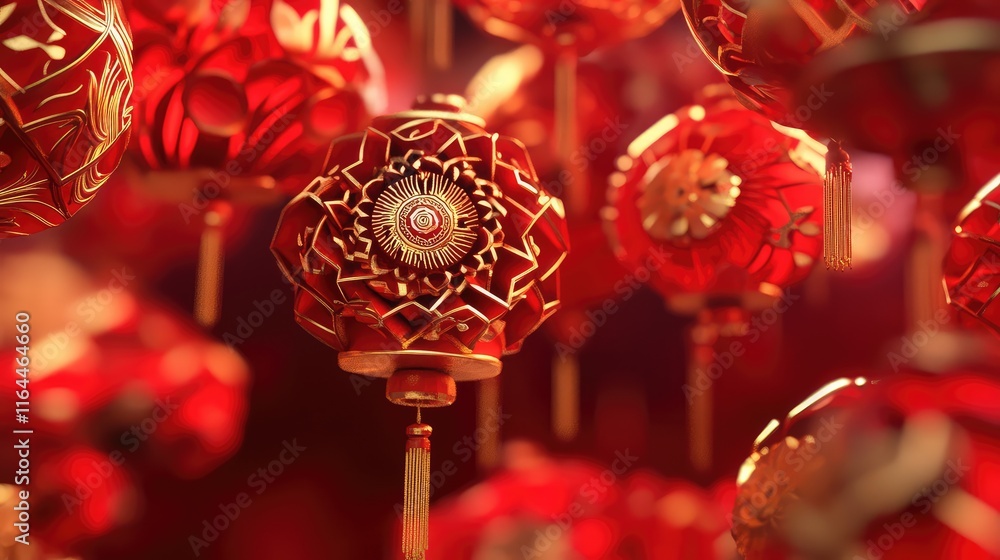 Poster layered 3d chinese new year design with floating geometric patterns in rich red and gold tones.