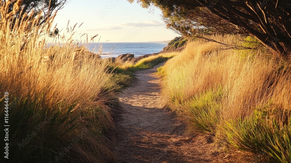 Poster tranquil coastal pathway through tall grasses with ocean view and warm sunlight creating a peaceful 