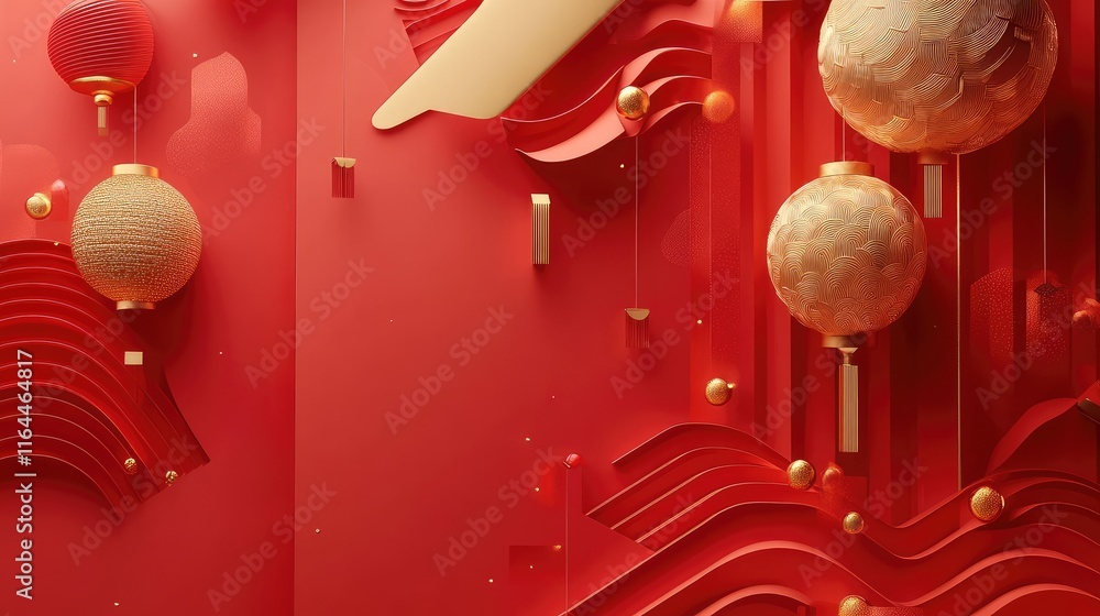 Poster layered 3d chinese new year design with floating geometric patterns in rich red and gold tones.