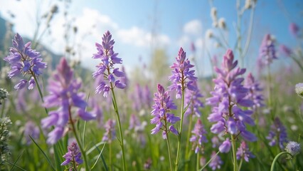 Naklejka premium Vibrant Purple Alliaria Flowers Blooming in Lush Green Meadow, Close-Up Spring Floral Photography