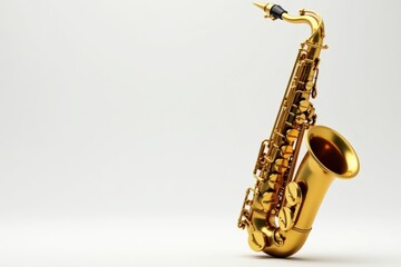 Gleaming gold saxophone, pristine white backdrop, isolated, shiny