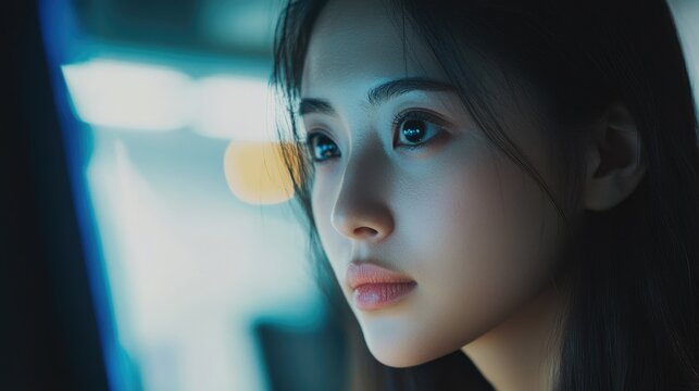 Close up portrait of a focused female customer service agent in a call center showcasing concentration and dedication to her work