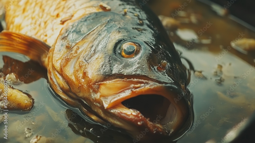 Poster baked carp fish garnished with lemon and herbs close-up on barbecue menu with empty space for text
