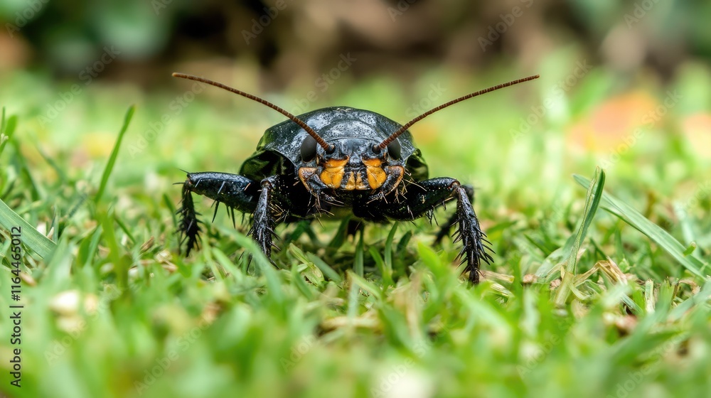 Poster detailed close-up of a cockroach on green grass showcasing its unique features and textures in a nat