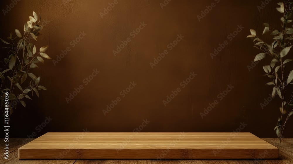 Poster bamboo platform with greenery on brown background ideal for elegant product display and showcase in 