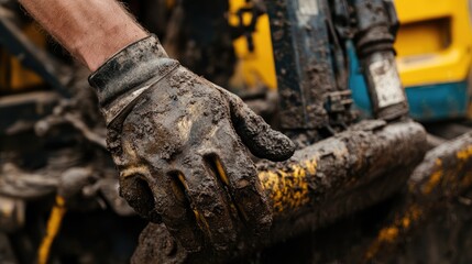 Excavator operator's hands covered in mud demonstrating manual work at a construction site focusing on machinery and labor involvement