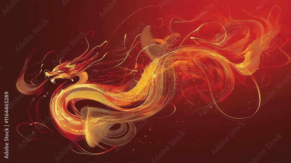 Poster intricate red and gold abstract dragon design with flowing lines and dynamic energy, marking the yea