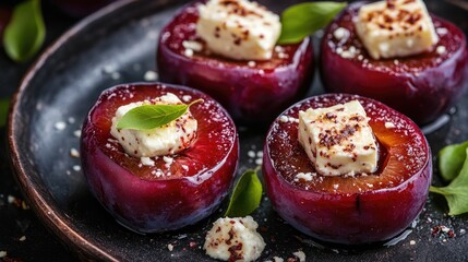 Baked plums topped with feta cheese on a dark plate showcasing a keto-friendly dessert with fresh ingredients and rich colors
