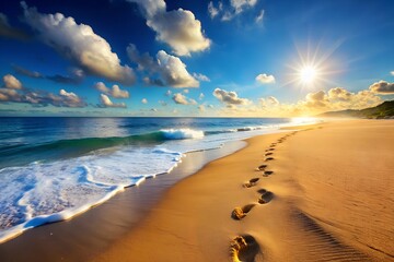 A realistic summer beach scene with footprints in the sand leading to the water.
Desktop wallpaper