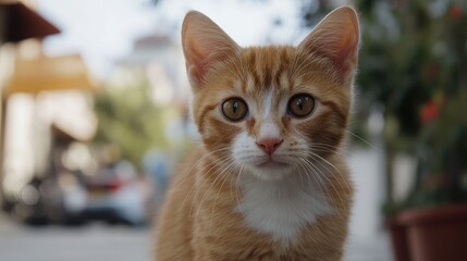 Close up portrait of an alert orange tabby cat gazing directly at the camera with vibrant eyes in a soft outdoor setting