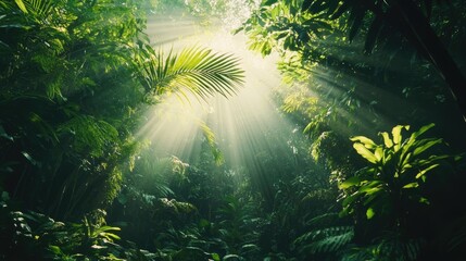 Fototapeta premium Sunlight Streaming Through Lush Green Bamboo Forest Surrounded by Dense Greenery and Tropical Foliage
