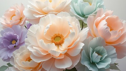 Fototapeta premium Whimsical Pastel Floral Arrangement, Peach, Lavender, and Mint Blooms with Delicate Silk-Like Petals