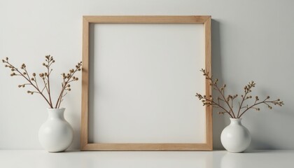 Square Frame Mockup. Empty wooden frame with white vases and dried branches on minimalistic table