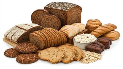 Assorted Freshly Baked Bakery Products Displayed on a White Background Including Bread Cookies and Cereals