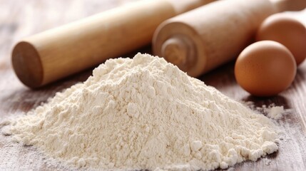 Baking essentials featuring flour eggs and rolling pin on a rustic wooden table perfect for culinary and kitchen themed designs