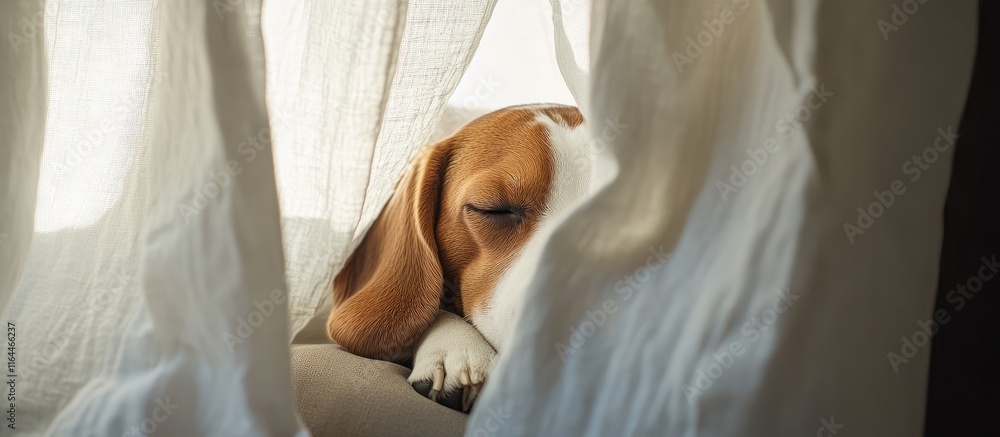 Poster beagle dog resting peacefully behind sheer curtains creating a cozy and serene atmosphere in a softl