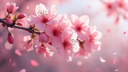 Naklejka premium Stunning Pink Cherry Blossoms in Full Bloom, Spring Flowers, Delicate Petals, Soft Light, Nature Background