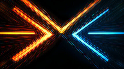 Dynamic and luminous glowing arrow composed of vibrant beams ascending powerfully against a minimalist pure black background. Luminiferous. Illustration