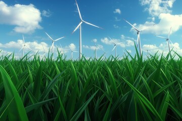 Green Grass Field Under Wind Turbines Against Blue Sky