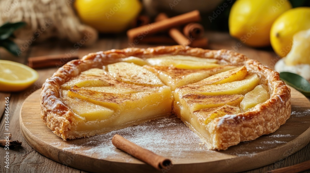 Aufkleber apple pie with lemon slices and cinnamon sticks on a wooden table creating a rustic, inviting baked 