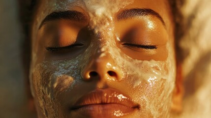 Close up of model experiencing rejuvenating salmon facial mask enhancing beauty and skincare routine in a serene setting