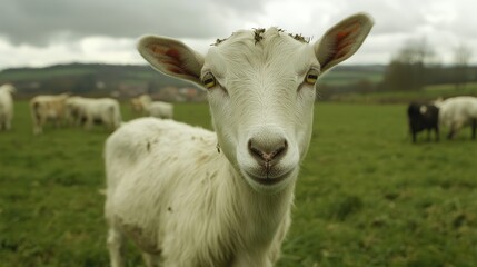 Close up portrait of a white goat in a pasture surrounded by greenery on a free range farm in a rural landscape