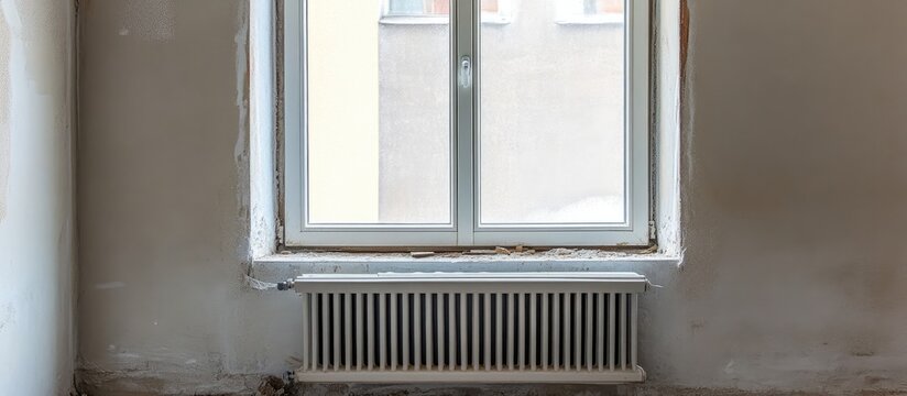 Close up of newly installed radiator next to an unfinished window sill highlighting detailed craftsmanship in residential construction
